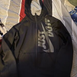 Nike Black Hooded Zip Jacket with White Dotted Swoosh Script